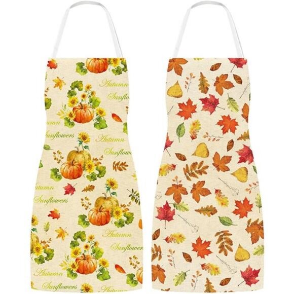 Whaline‎ 2 Pack Fall Apron Maple Leaves Pumpkins Sunflowers Linen Chef Cooking - Picture 8 of 8